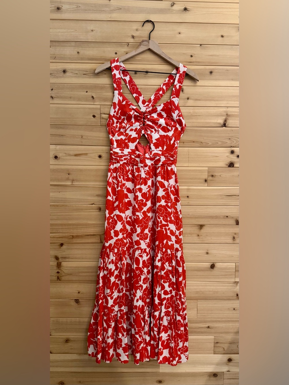 Suncoo Paris XS Caprice Red Floral Print Midi Cut Out Dress Racerback Tiered